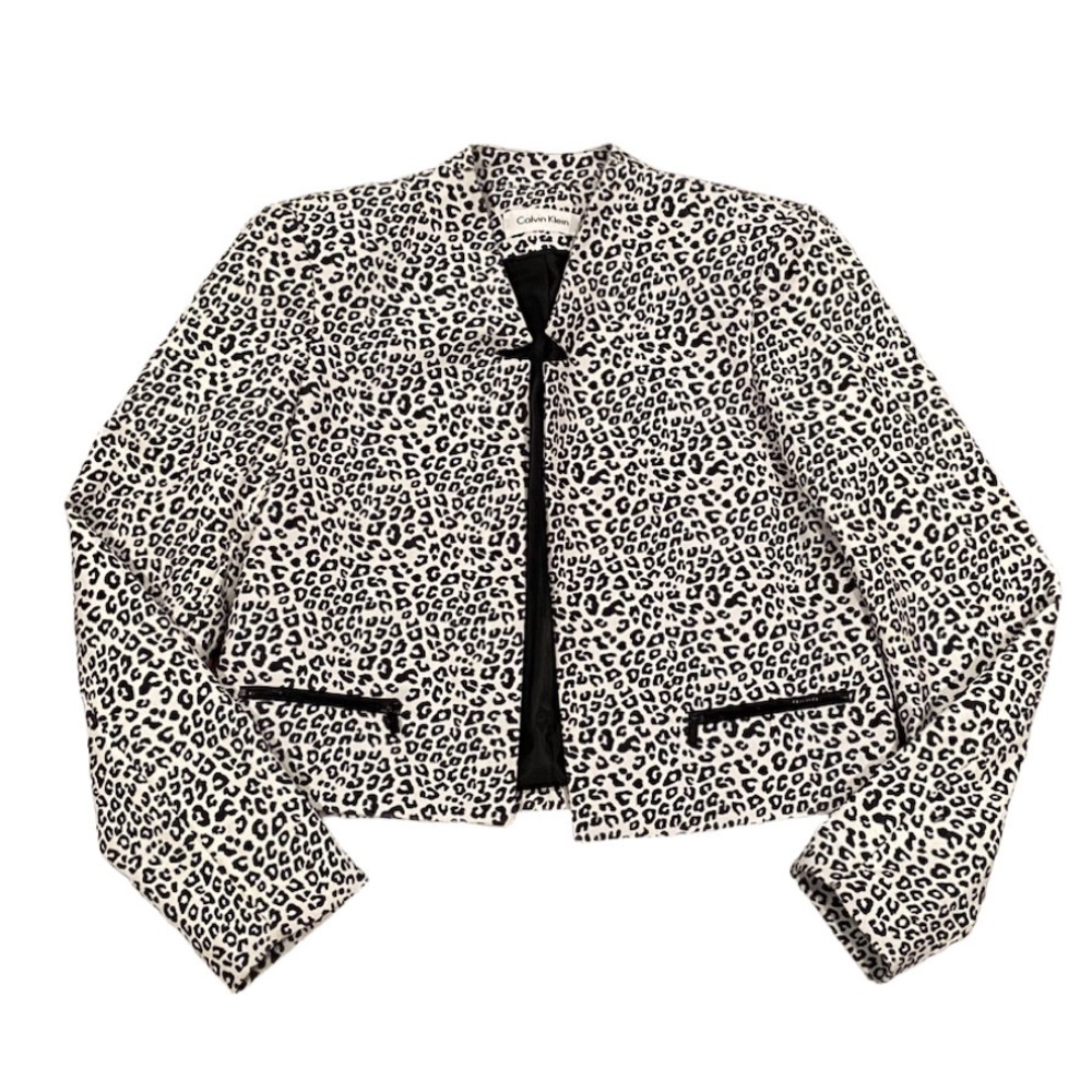 Calvin Klein Open Front Blazer Women's Size 6 Animal Print Black & White Jacket